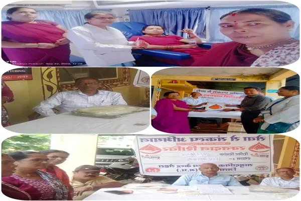 स्वास्थ्य और रक्तदान शिविरों की तस्वीरों के कोलाज में जांच कराते लोग, स्वास्थ्यकर्मी और रक्तदान करते व्यक्ति दिखाई दे रहे हैं।